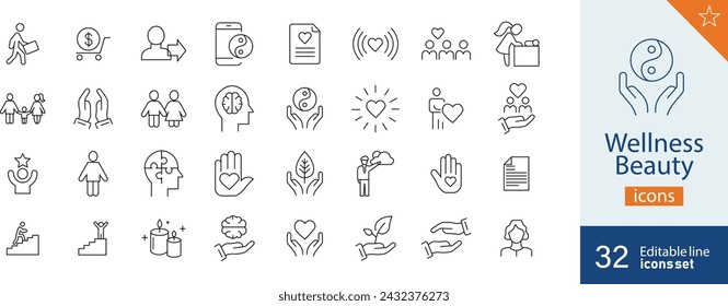 Set of 32 Wellness Beauty web icons in line style. Health, mental, activity, brain. Vector illustration. svg