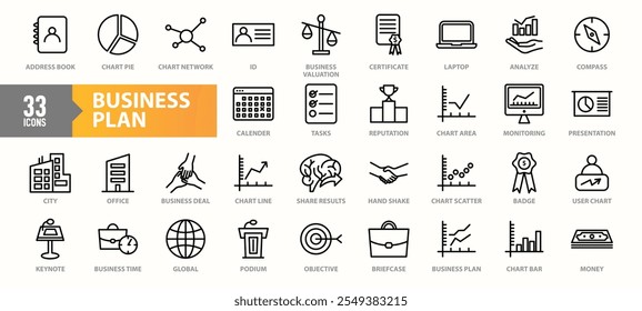 Um conjunto de 33 ícones de planos de negócios que exibem elementos importantes, como gráficos, análises, tarefas, reputação, metas e ferramentas, como notebooks, apresentações e maletas, em um estilo de arte