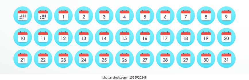 Set 33 calendar icons, symbol. Collection web calendars 1-31. Templates red color calendar icons. Vector illustration. EPS 10
