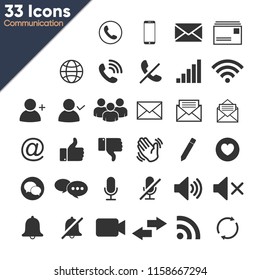 Set 33 Communication Flat Icons. Mail, Phone, Envelope, Messenger, Group chat, Video call, Notification, Etc.