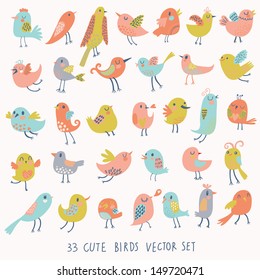 Set of 33 cute birds in vector. Cartoon collection with funny little bird family.