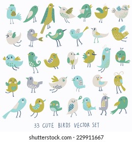 Set of 33 cute birds in vector. Cartoon collection with funny little bird family.