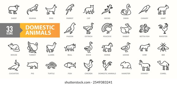 A set of 33 domestic animal icons, featuring pets, farm animals, and birds like dogs, cats, chickens, cows, parrots, llamas, and rabbits, illustrated in a minimalist line-art style