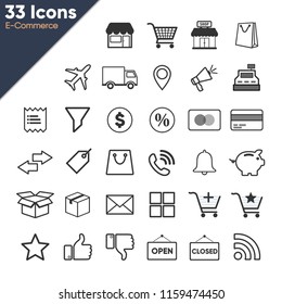 Set 33 E-Commerce Flat Icons. Marketplace, Shopping cart, Shipping, Feedback, Open and close sign, etc.