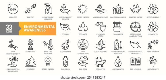 Um conjunto de 33 ícones de conscientização ambiental apresentando conceitos ecológicos, como reciclagem, energia verde, conservação da água, consumo responsável e proteção da natureza no estilo line-art