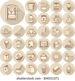 Set of 33 flat round brown line vector icons with long shadows for food. Coffee, toasts, dairy, juice, fruits, bakery and other products for breakfast, lunch or dinner menu