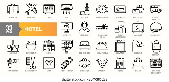 A set of 33 hotel-themed icons, illustrating amenities and services such as reception, room key, swimming pool, minibar, luggage, restaurant, Wi-Fi, and airport shuttle in a line-art style