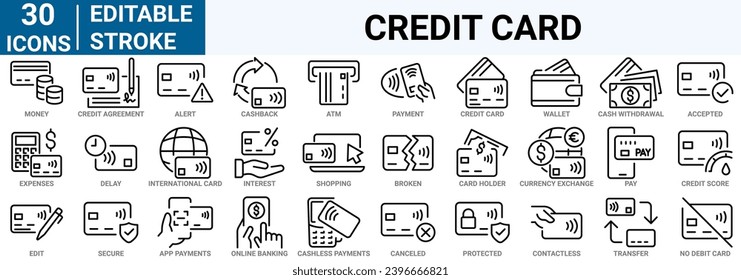 set of 33 line web icons Credit card. Piggy Bank, Cash, Money Bag, Currency Exchange, Coins and Paper Bills and others. Editable stroke.