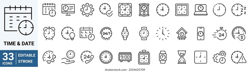 set of 33 line web icons Time and Date. Calendar, Date Settings, Working Schedule and more.