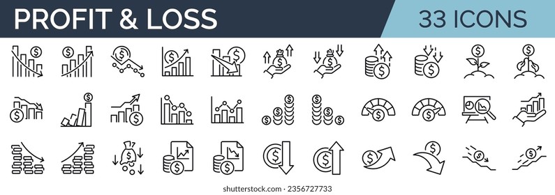 Conjunto de 33 iconos de esquema relacionados con la cuenta de pérdidas y ganancias. Colección de iconos lineales. Trazo editable. Ilustración del vector