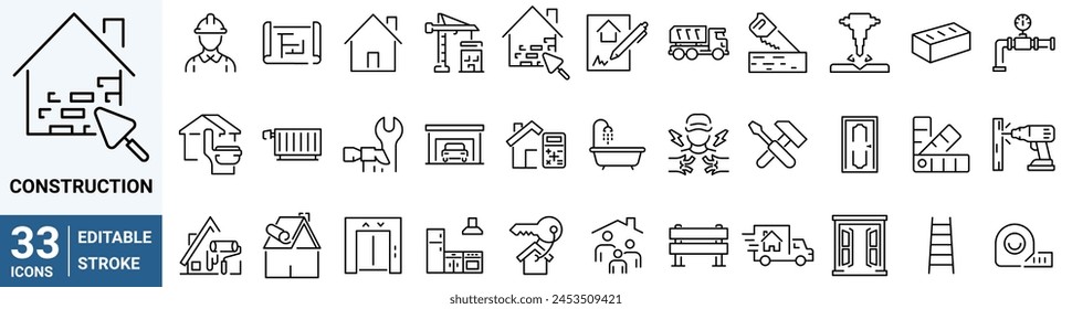 Set von 33 Umriss-Icons im Zusammenhang mit Bau, Renovierung. Lineare Kollektion von Symbolen. Bearbeitbarer Strich. Vektorillustration