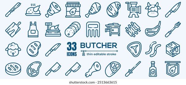 Set of 33 outline icons related to meat. Linear icon collection. Editable stroke. Vector illustration