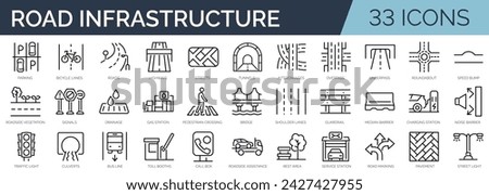 Set of 33 outline icons related to road infrastructure. Linear icon collection. Editable stroke. Vector illustration