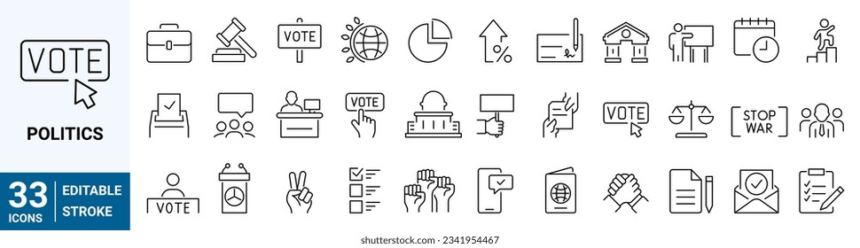 Eine Reihe von 33 Politikbereichen und Diplomatie. Voting Related Vector Line Icons. Händlererhöhung, elektronische Abstimmung und mehr. Bearbeitbarer Stroke