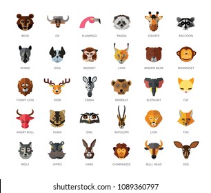 Set of 33 vector icons representing cute wild cartoon animals