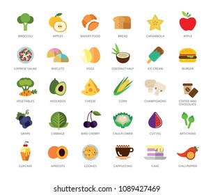 Set of 33 vector icons representing various types of food