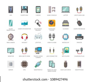Set of 33 vector icons representing various electronic devices and gadgets