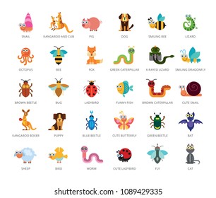 Set of 33 vector icons representing cute domestic and wild cartoon animals