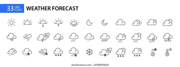 Set of 33 weather forecast icons. Pixel perfect, editable stroke