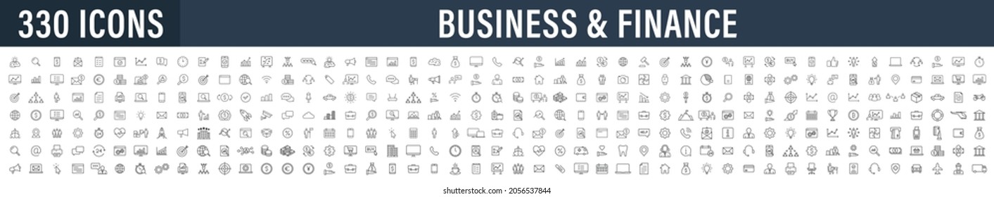 Set of 330 Business icons. Business and Finance web icons in line style. Money, bank, contact, infographic. Icon collection. Vector illustration. - Shutterstock ID 2056537844