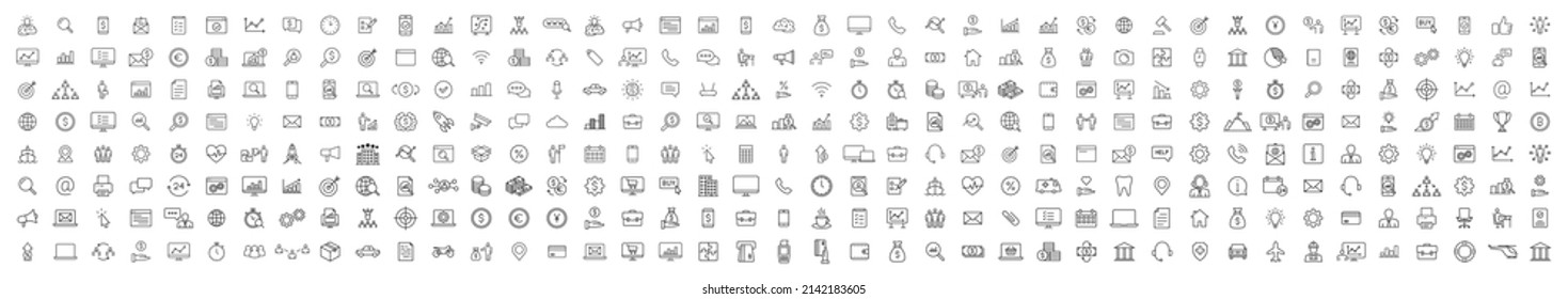 Set of 330 Business icons. Business and Finance web icons in line style. Money, bank, contact, infographic. Icon collection. Vector illustration.