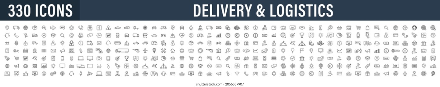 Conjunto de 330 Iconos web de entrega y logística en estilo de línea. Correo, envío, entrega urgente, pedido de seguimiento, soporte, negocio. Ilustración vectorial.