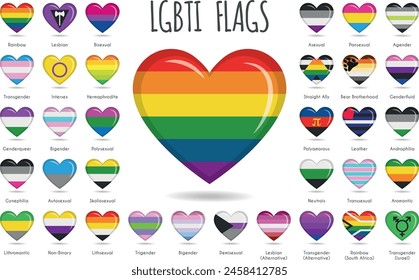 Conjunto de 34 diseños en forma de corazón con la Ilustración vectorial de banderas de orgullo LGBTIQ, tendencias sexuales y de género 