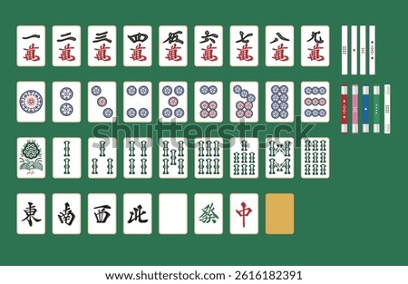 A set of 34 mahjong tiles and points for Qing mahjong, flat, vector illustration.The characters represent the roles of mahjong tiles.