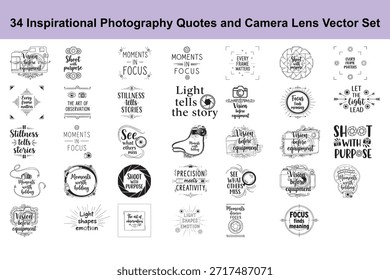 Set von 34 Vektorgrafiken und Zitaten zur Fotografie. Mit Zitaten wie Vision vor Ausrüstung, Mit Absicht schießen, Momente im Fokus, Stille erzählt Geschichten, Sehen, was andere vermissen, Präzision trifft Kreativität, Licht erzählt die Geschichte, Fokus findet Bedeutung, Lassen Sie das Licht führen, Vision vor Ausrüstung, Momente, die es wert sind, zu halten, Licht formt Emotion, Momente verdienen Fokus, Jeder Rahmen zählt, Die Kunst der Beobachtung.