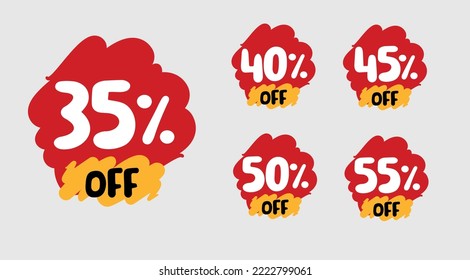 Juego de 35, 40, 45, 50 y 55 por ciento de etiquetas de descuento. Vector divertido para la temporada de ventas. Descuento de ilustraciones.