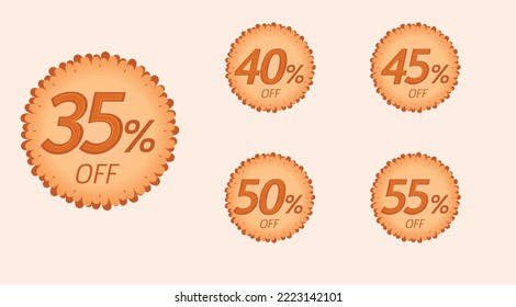 Set of 35, 40, 45, 50 and 55 Percent Off in Leaf Shaped Vectors. Price Reduction. Big Discounts. Autumn Colors.