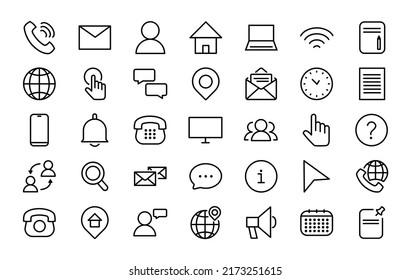 Set of 35 contact us icons in line style. Connection and communication. Vector illustration.