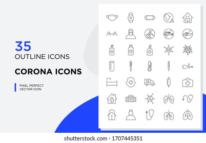 Set of 35 corona virus line art icon design vector. Well organized corona outline icon set.