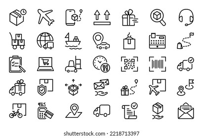 Set of 35 delivery and logistics icons in line style. Delivery, express delivery, order tracking, warehouse, freighter, loading and package. Vector illustration.