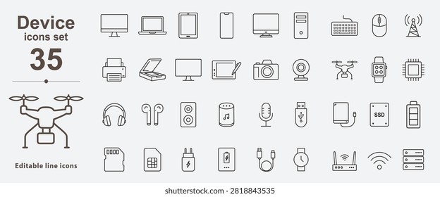 Set of 35 Device icon set. Editable Stroke Icon Collection, computers, smart phone, watches, speaker, tablet, and more. Outline Icon Set.