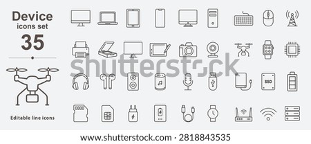 Set of 35 Device icon set. Editable Stroke Icon Collection, computers, smart phone, watches, speaker, tablet, and more. Outline Icon Set.