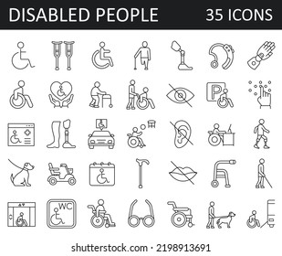 Conjunto de 35 iconos de la línea vectorial relacionados con la discapacidad. 