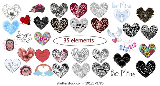 Set of 35 elements for Valentine's Day and Wedding Day - hearts, animals and cards. Stock vector illustration in doodle and cartoon style isolated on white background.