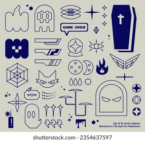 A set of 35 elements in Y2K style for Halloween. Set of vector elements for web use.