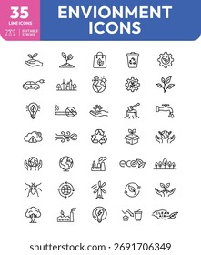 Um conjunto de 35 ícones ambientais, incluindo reciclagem, turbinas eólicas e símbolos ecológicos.