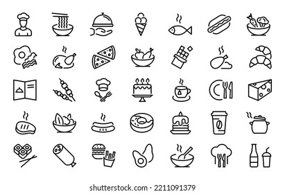 Set of 35 food and drink icons in line style. Meal, dishes, restaurant, fruits and vegetables. Vector illustration.