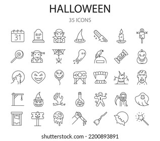 set of 35 halloween icons. outline thin line icons. Collection of perfectly thin icons for web design, app, poster, flyer and modern projects