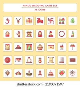 Set Of 35 Hindu Wedding Ceremony Icons Over Square Yellow Background.