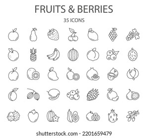 Set of 35 line berries and fruits icons. Outline signs collection for food store. Editable Strokes.