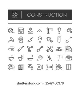 Set of 35 line icons of construction for modern concepts, web and apps on white background. Vector illustration.