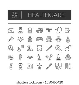 Set of 35 line icons of healthcare for modern concepts, web and apps on white background. Vector illustration.