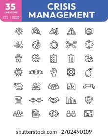 Un conjunto de 35 iconos de líneas que representan la gestión de crisis, incluida la evaluación de riesgos, la resolución de problemas y la planificación estratégica. Trazo editable.