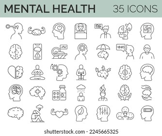 Set of 35 mental health icons. Editable stroke. Vector illustration