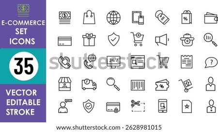 A set of 35 minimalist e-commerce icons in editable vector stroke style, including shopping cart, credit card, delivery truck, barcode, receipt, gift, and headset