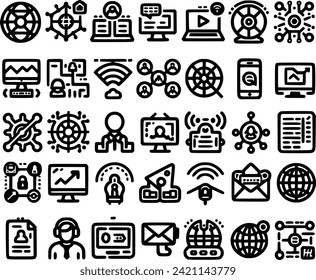 Set of 35 outline icons related to network, internet. Linear icon collection. Editable stroke. Vector illustration
